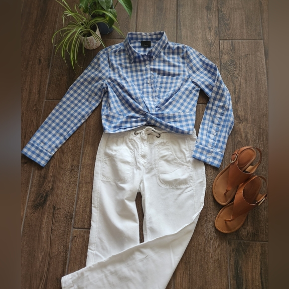 Lumiere cropped front twist button-up cotton long sleeve checkered top - Picture 12 of 12